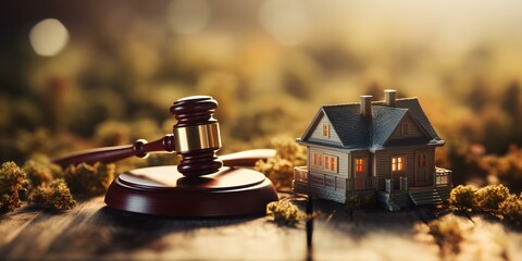 Legal Auction: Gavel and Miniature House Model - A Symbolic Representation. Concept Legal Auctions, Gavel, Miniature House Model, Symbolic Representation