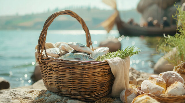 A picturesque basket filled with fresh fish and bread by the sea, evoking the miracle of the loaves and fishes.