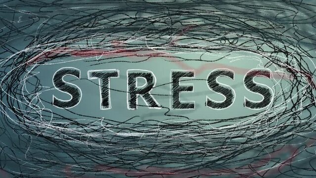 The word STRESS is written and chaotic lines are drawn around. Concept of anxiety, panic attack.