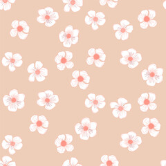 Peach fuzz pastel floral seamless pattern with hand drawn line art flower for textile, wallpaper, scrapbook, cover in shabby chic style. Vector background.