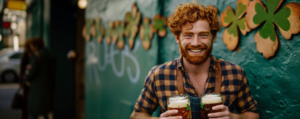 Obraz na płótnie Canvas St. Patrick's Day banner with a red-haired man with two jugs of creveza with space for text.Concept advertisement, web social networks.