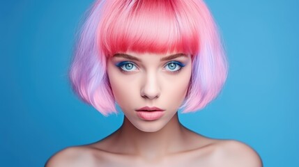Portrait of a sexy young woman with pink hair. Perfect hairstyle and hair coloring. Girl with beautiful blue eyes and pink hair