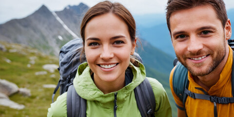 Smiling couple with backpacks enjoying a hike in a mountainous region of California - obrazy, fototapety, plakaty