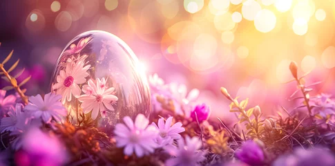 Foto op Plexiglas glossy bokeh style Easter egg with flowers pattern on fresh green with spring flowers, space for text © zamuruev