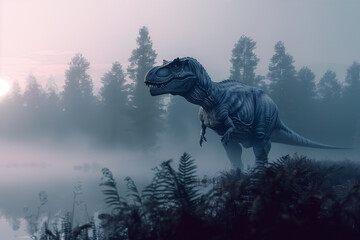 Tyrannosaurus rex stands near lake and bathed in mist of moonlit forest