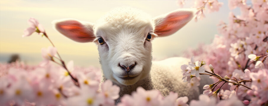 Spring Lambs portrait. Sheep on green farm with flowers background.
