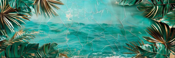 Fototapeta na wymiar Untouched Tropical Scene with Leaves in the Style of Vintage Poster Design - Turquoise 3D Seascape cracked Bird Eye View Background created with Generative AI Technology