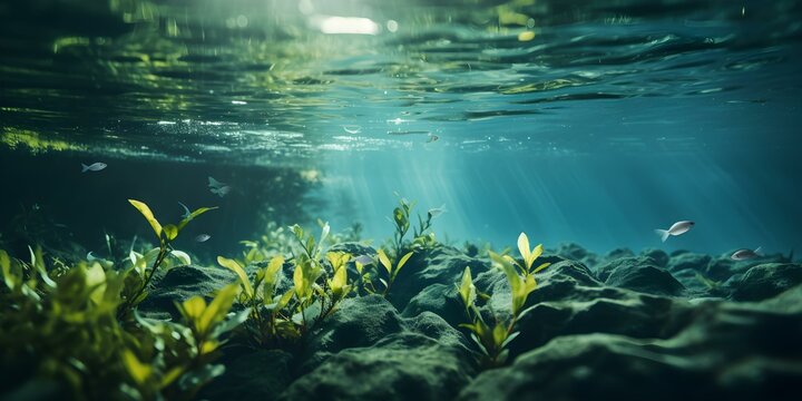 Underwater plants absorbing carbon dioxide in blue carbon ecosystem for sequestration. Concept Blue Carbon Ecosystem, Underwater Plants, Carbon Sequestration, Environmental Conservation