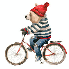 Watercolor illustration of a bear on a bicycle