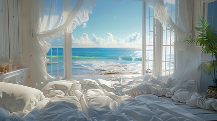 A bedroom scene with white, ruffled bedding, a large window overlooking a stunning ocean beach, and a calming ambiance
