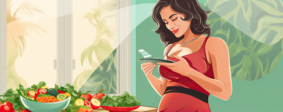 Pregnant woman in the first trimester eating healthy food. Illustration style picture.