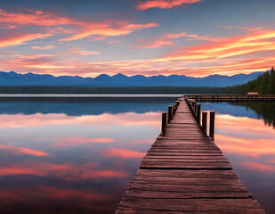 Obraz premium A vibrant sunset paints the sky over a serene lake. Generative AI