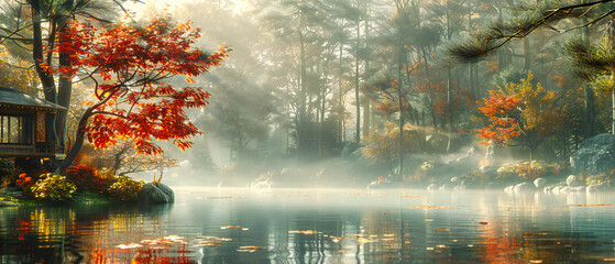 An autumnal morning in the forest, where misty sunlight filters through colorful trees reflected in tranquil waters