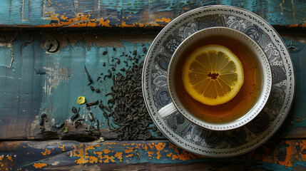 Hot Earl Grey tea with lemon slice on top.