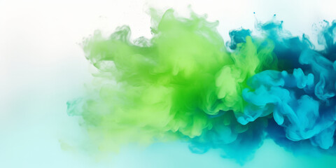 blue green smoke on white background, blue green powder dust paint blue green explosion explode burst isolated splatter abstract.blue green smoke or fog particles explosive special effect - obrazy, fototapety, plakaty