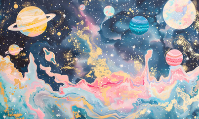 Obraz na płótnie Canvas tempura gouache art print on paper, cosmic planets and galaxy of stars, Generative AI