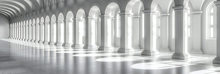 An architectural journey through time, where ancient columns stand as silent witnesses to history, their white majesty casting shadows and light across a corridor of classical beauty