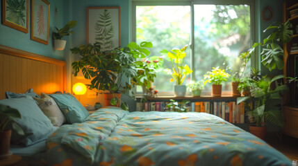 Interior Design of a Cozy Bedroom with Plants and Books on the Furniture