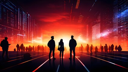 Silhouette of young people in a futuristic world