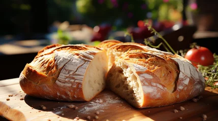 Foto op Canvas baked bread on wooden table © Nastassia