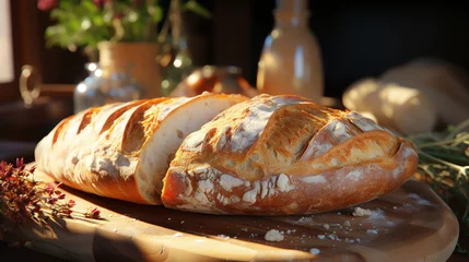 Selbstklebende Fototapeten baked bread on wooden table © Nastassia