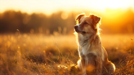 Dog sitting in the field at sunset pet portrait 