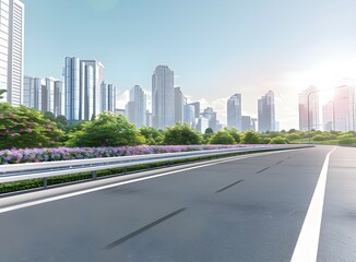 Fototapeta na wymiar Motion blur flyover asphalt road with modern skyscraper building background