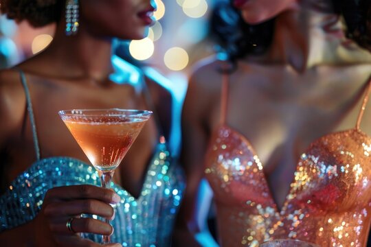 Glitter and Glamour: Toast of the Night. Two people in sparkling attire holding cocktails at a glamorous event with bokeh lights.