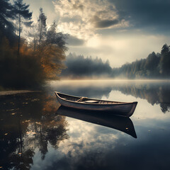 A serene lake with a lone rowboat 