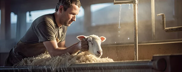 Foto op Canvas Shepherd standing by sheep in sheeps farm. Breeder ready for milking. © amazingfotommm