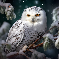 Fototapeta premium A serene snowy owl perched on a branch