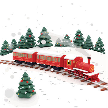 Christmas red train scene isolated on white backgrou
