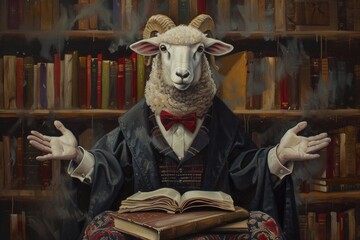 A whimsical painting of a sheep dressed in a smart suit, standing upright and holding a book in its hoof
