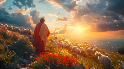 Jesus with Sheep in Sunlit Field A Spiritual and Dreamlike Scene - obrazy, fototapety, plakaty