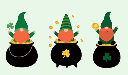 St. Patrick's Day. Happy gnome with a pot of gold coins.