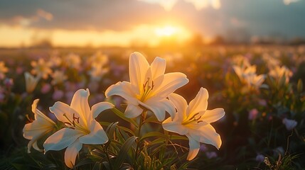 White Lilies in Sunset Field A Serene Garden Scene - obrazy, fototapety, plakaty