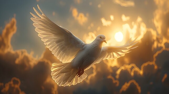 White Dove Flying Through Sunset Sky in Precisionist Style