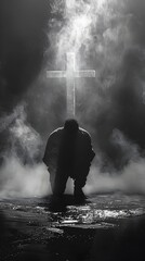 Fototapeta premium Man Kneeling in Prayer Before a Cross