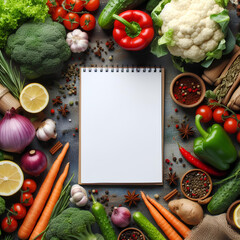 Fresh Organic Vegetables and Spices on a Wooden Background and white empty Paper for Notes