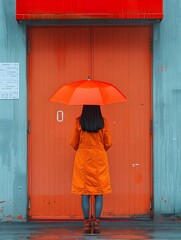 Woman in Orange Coat and Umbrella on a Rainy Day in Urban Minimalism Style