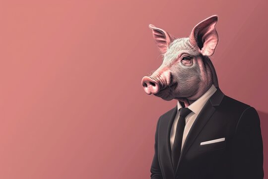 A pig stands confidently in a stylish suit and tie, exuding charm and sophistication. The pig appears ready for a formal occasion with its well-fitted attire
