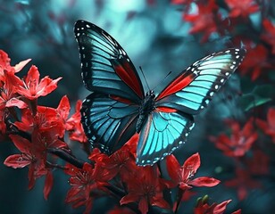 Red blue butterfly on yellow flower branch