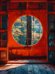 Traditional Japanese Home with Circular Orange Window
