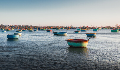 Hundreds of coconut boats in the sea in Vietnam