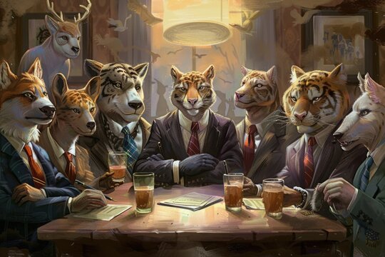 A whimsical illustration of a group of cats socializing around a table, each with a drink in paw, engaged in lively chatter and camaraderie