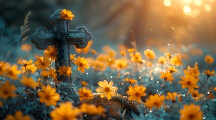Contemporary Cross with Flowers and Sunshine in Surreal Style