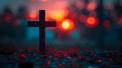 Cross in the Sunset with Rays of Light - obrazy, fototapety, plakaty