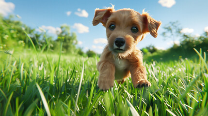 Joyful Puppy Frolic: Playful Young Dog Running Through a Lush Green Field with a Sunny Sky Above