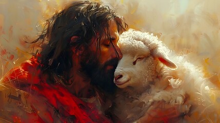 Jesus Embracing a Lamb in a Pastoral Scene - obrazy, fototapety, plakaty