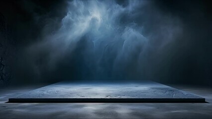 Room with smoke and light. Empty space with concrete floor and neon illumination. AI-generated.